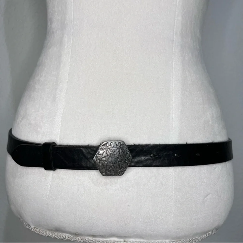 Vintage Nordstrom Ibel Pewter Buckle Black Leather Belt Made In Italy 32